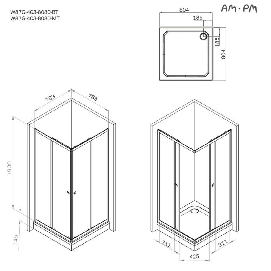 W87G-403-8080-BТ Sunny Душевое ограждание квадратное, раздвижные двери 80x80 черный,стекло прозрачное