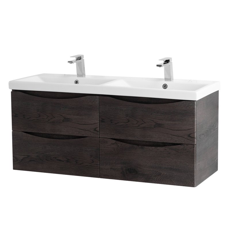 Тумба с раковиной на две чаши четырьмя ящиками подвесная BelBagno MARINO-CER 120 Bianco Lucido , раковина белая