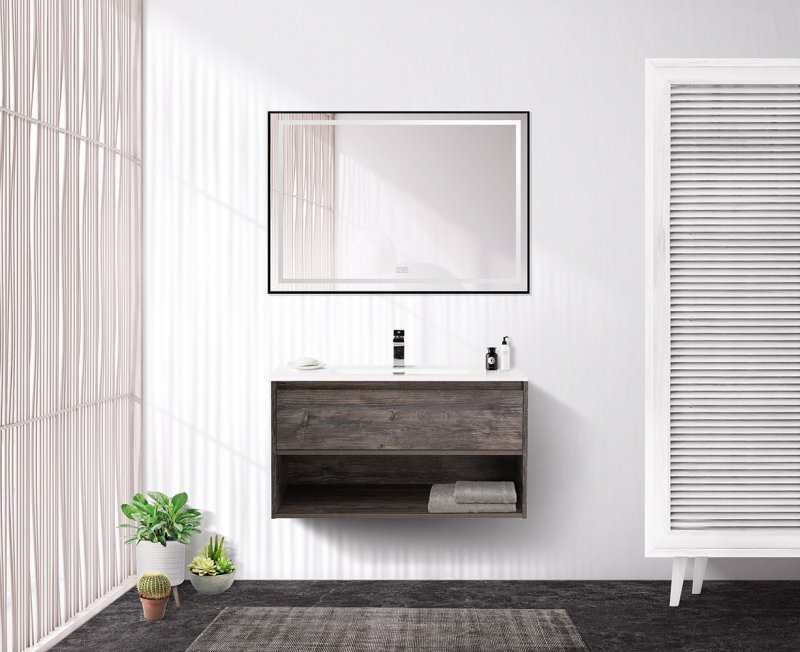 Тумба c раковиной подвесная с одним ящиком и одной открытой полкой BelBagno KRAFT 80 Pino Pasadena, раковина белая