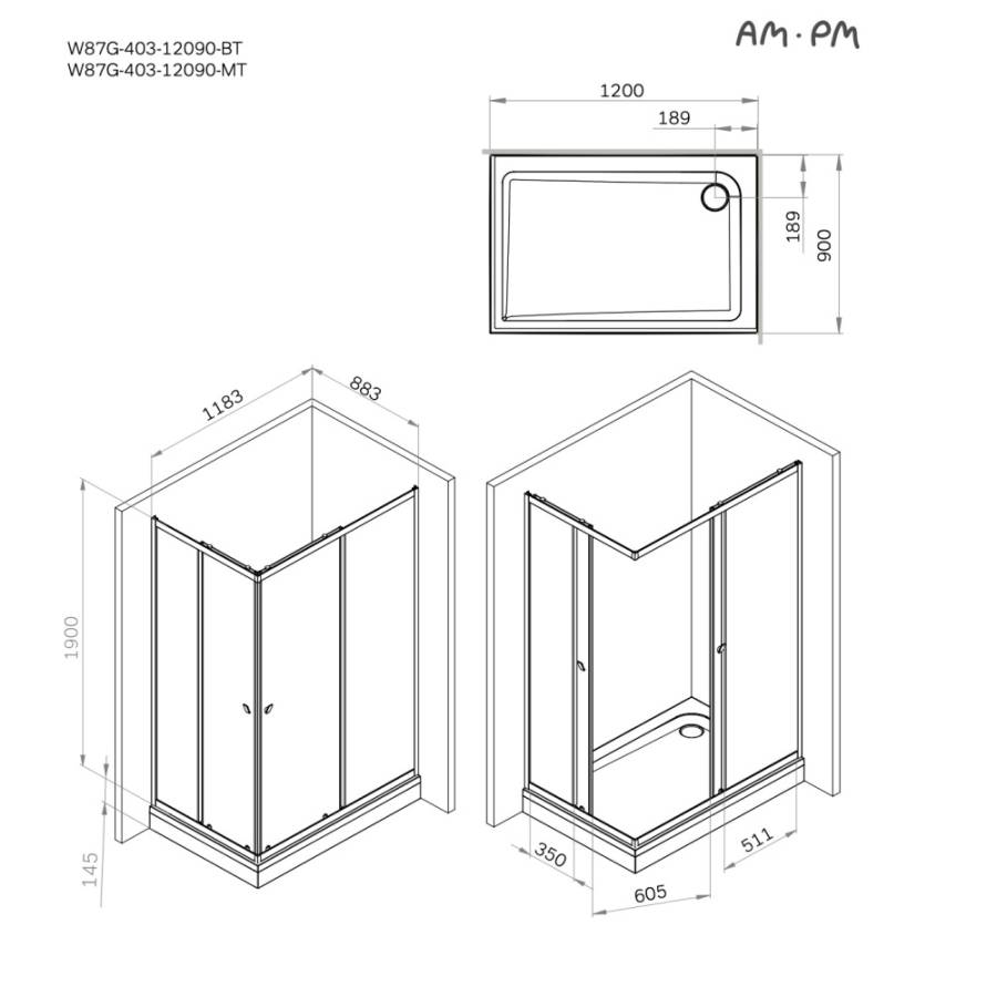 W87G-403-12090-BT Sunny Душевое ограждание прямоугольное, раздвижные двери 120x90 черный,стекло прозрачное
