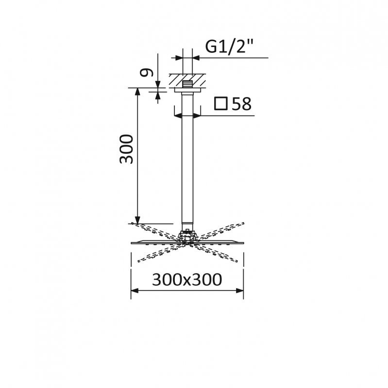 CZR-B-TDDQ-30/30-01 Верхний душ квадратный, 30x30 см, с потолочным кронштейном 30 см, нержавеющая сталь, Хром