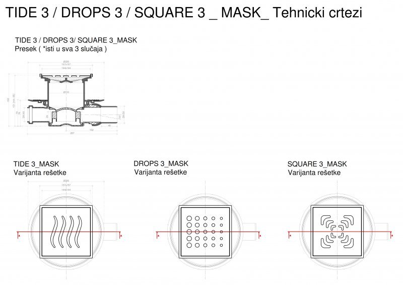 13000074 Точечный трап 150х150 мм Confluo Standard Vertical Tide Mask,металл с перфорацией Tide (Волна), с рамкой Исполнение: Хром 