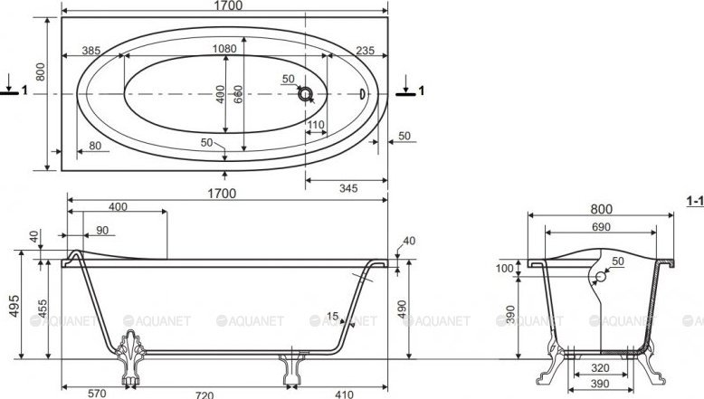 Ванна из искусственного мрамора Эстет Венеция L 170x80