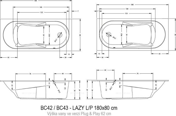 Акриловая ванна Riho Lazy 180x80 L Plug&Play
