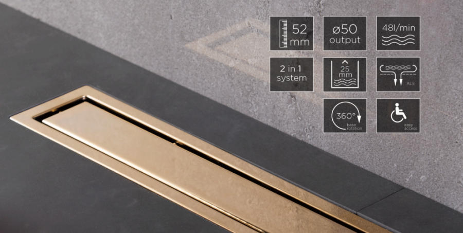 13100050 Линейный трап Confluo Premium Line 300 Gold, двухсторонняя модель Исполнение: Позолота 24К / полая под плитку, рамка - позолота 24К 