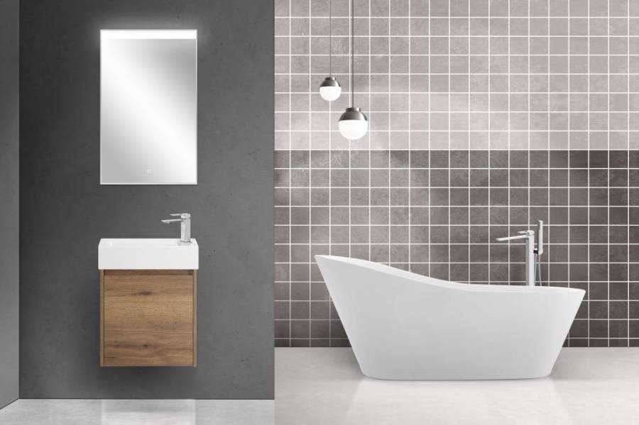 Тумба с раковиной подвесная BelBagno KRAFT MINI 50 Rovere Galifax Bianco правосторонняя, раковина белая