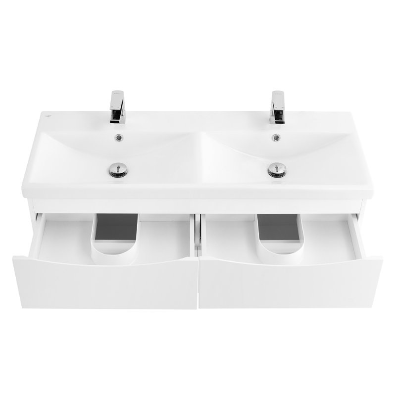 Тумба с раковиной на две чаши четырьмя ящиками подвесная BelBagno MARINO-CER 120 Bianco Lucido , раковина белая