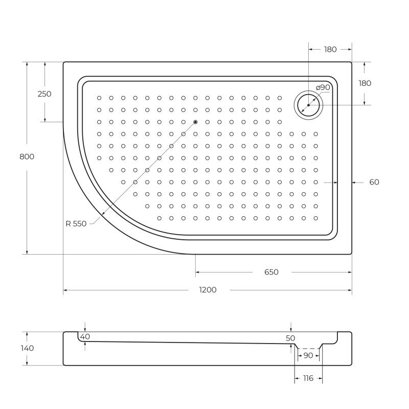 Акриловый поддон CEZARES TRAY-A-RH-120/80-550-15-W-R