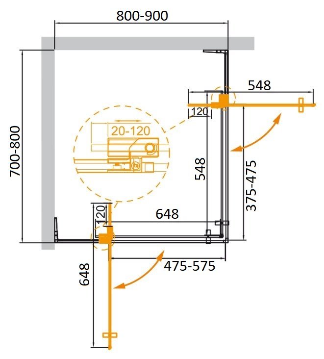 SLIDER-AH-2-70/80-80/90-C-BORO Душевой уголок, Условный размер, мм:(700-800)x(800-900)x1950 Габариты с диапазоном регулировок, мм:(700-800)x(800-900)x1950 