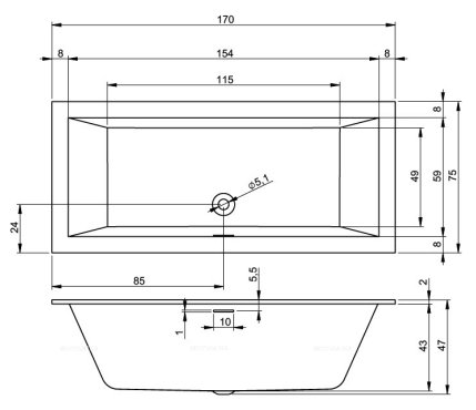 Акриловая ванна  RETHING CUBIC 170x75 R PULG&PLAY RIHO FALL