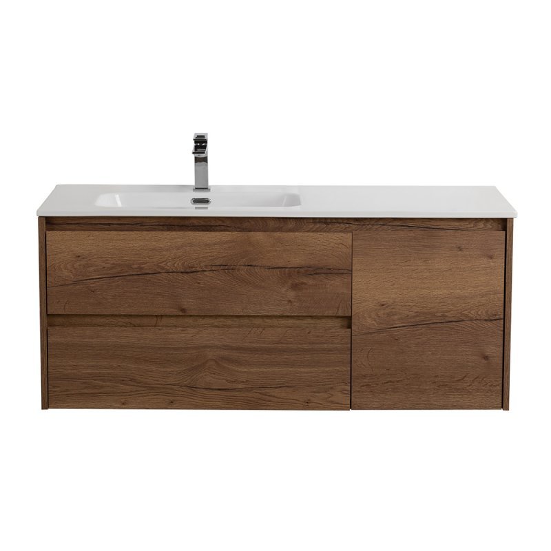 Тумба с раковиной подвесная с двумя ящиками и одной дверцей BelBagno KRAFT 120 Rovere Tabacco правая, раковина белая