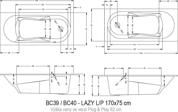 Акриловая ванна Riho Lazy 170x75 см R Plug&Play