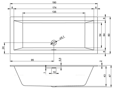 Акриловая ванна  RETHING CUBIC 190x80 R PULG&PLAY RIHO FALL