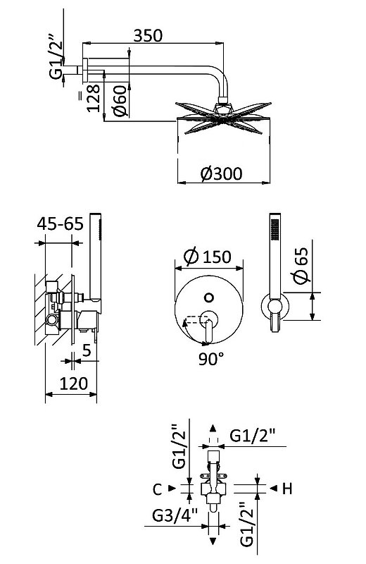 Встраиваемый душевой комплект CEZARES LEAF-DSIP-30-L-01