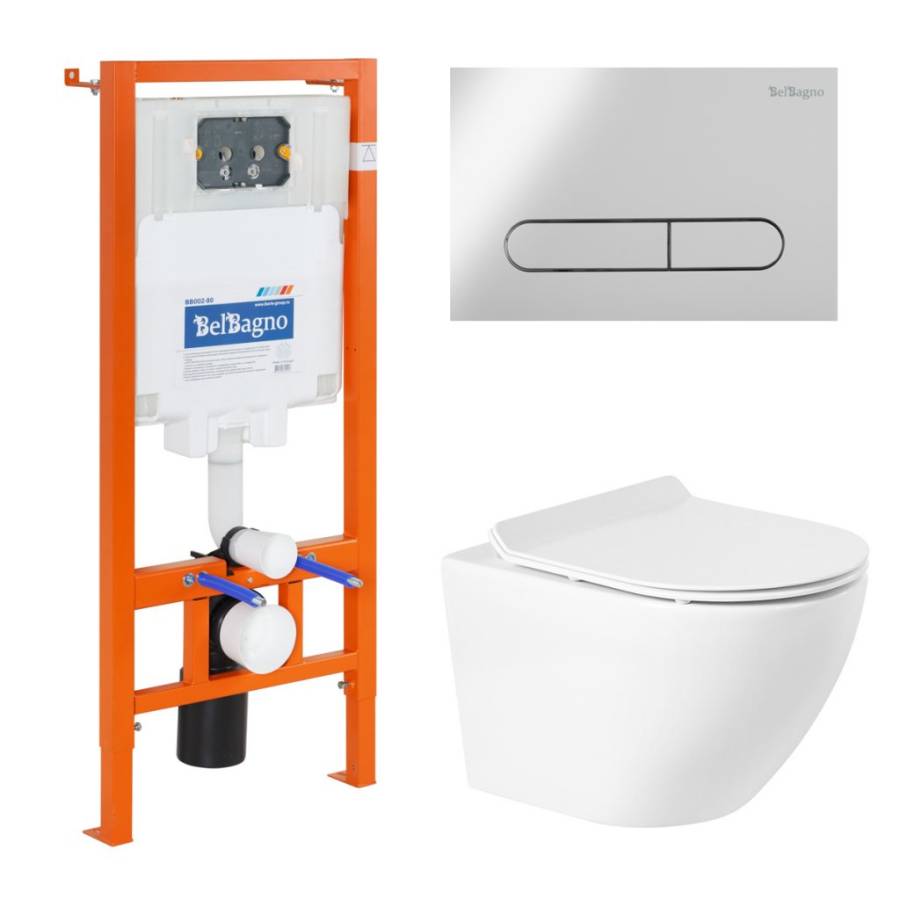 Комплект 4 в 1 Унитаз подвесной BelBagno SFERA-R BB046CHR с сиденьем BB2111SC + Система инсталляции для унитазов BelBagno BB002-80 с кнопкой смыва BB0