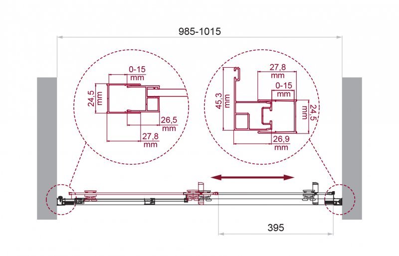 LUCE-BF-1-100-C-Cr Душевая дверь, Условный размер, мм:1000x1950 Габариты с диапазоном регулировок, мм:985-1015 