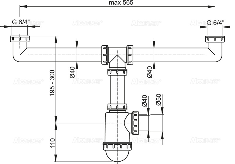 Сифон для сдвоенной мойки с накидными гайками 6/4"