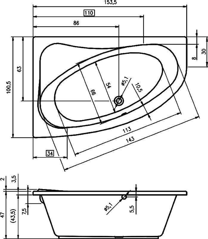 Акриловая ванна Riho Lyra 153x100 R