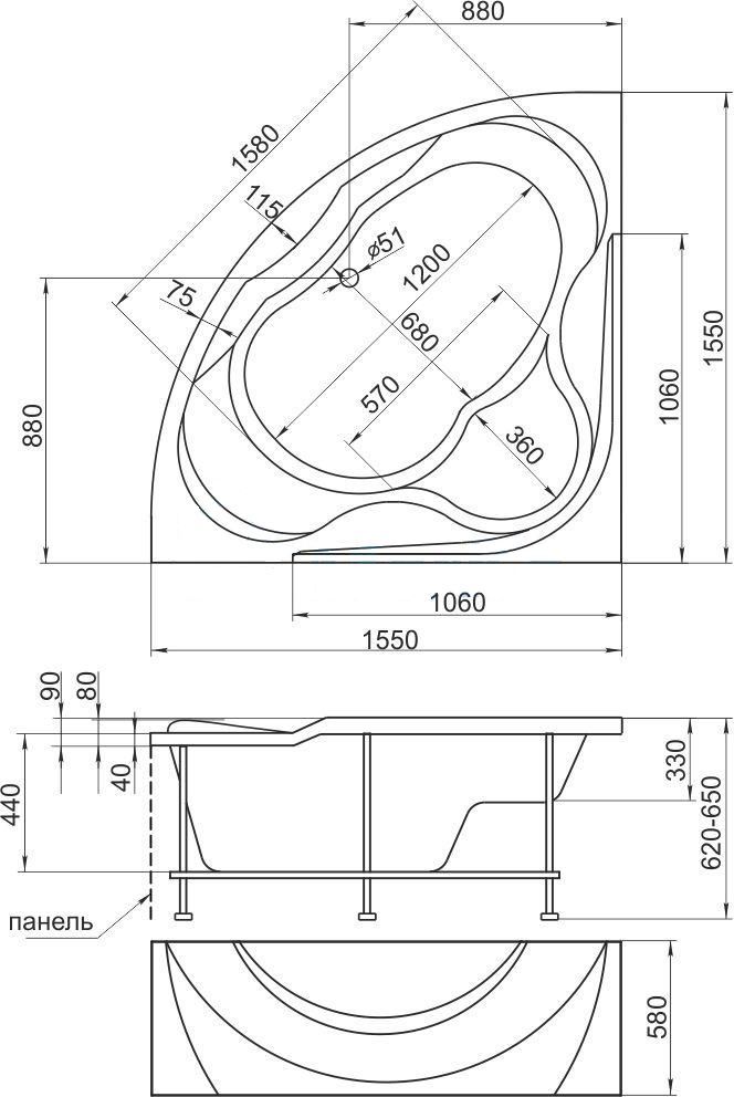 Акриловая ванна 1Marka Luxe 155х155 01лю1515