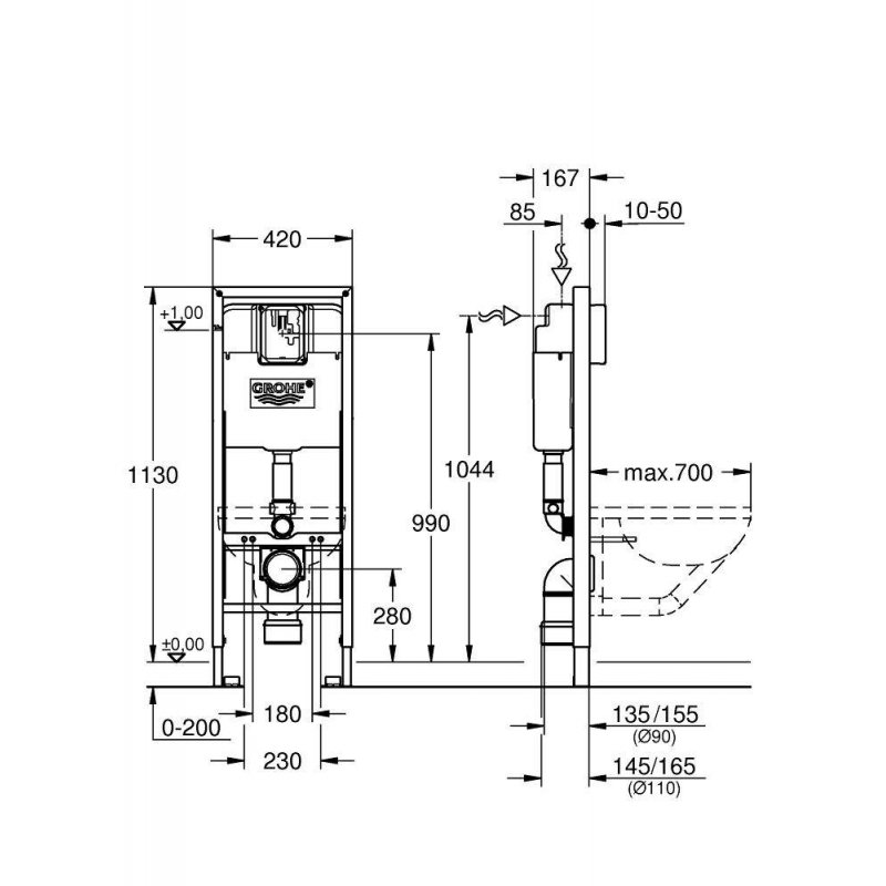 Система инсталляции для унитаза GROHE Rapid SL (1,13*0,42 м) для людей с ограниченными возможностями (38675001)