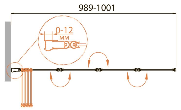 RELAX-V-4-90/140-C-Bi Шторка на ванну Условные размеры, мм:900х1400 Габариты с диапазоном регулировок, мм:(889-901)х1400 