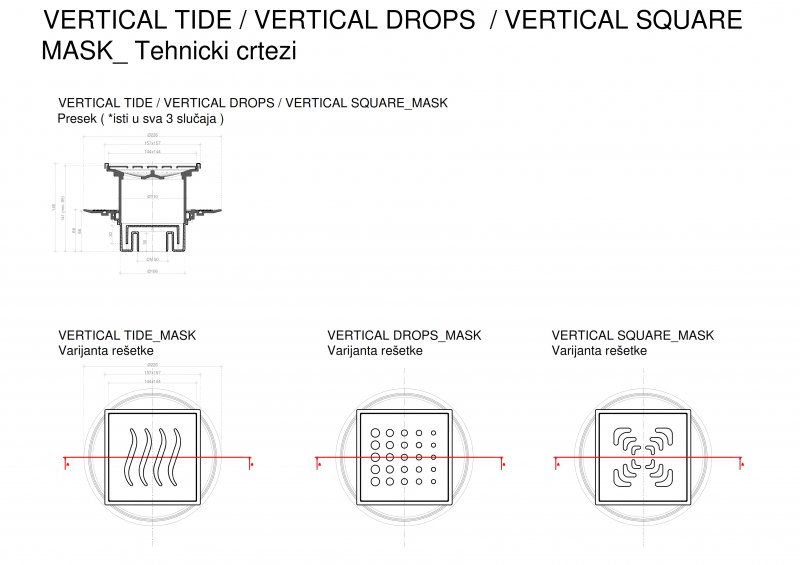 13000074 Точечный трап 150х150 мм Confluo Standard Vertical Tide Mask,металл с перфорацией Tide (Волна), с рамкой Исполнение: Хром 