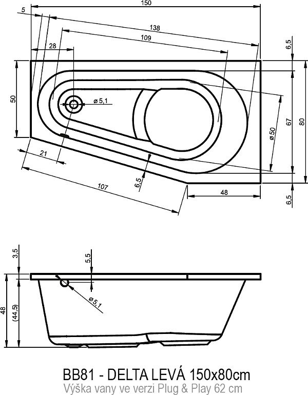 Акриловая ванна RIHO DELTA 160 RIGHT - PLUG & PLAY