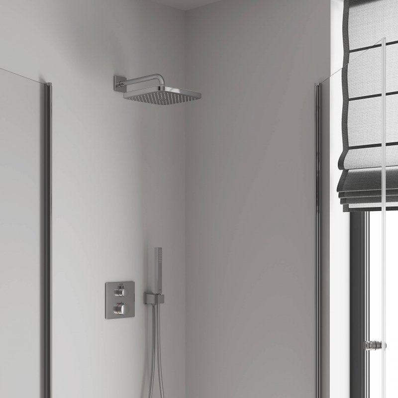 Верхний душ GROHE Tempesta CUBE 250, квадратный (низ-хром, верх-белый) + Душевой кронштейн 380 мм, хром (26687000)