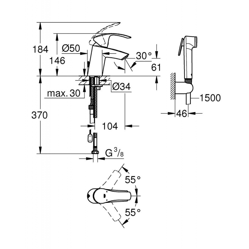 Смеситель для раковины с душем Grohe Eurosmart New 23124002 хром