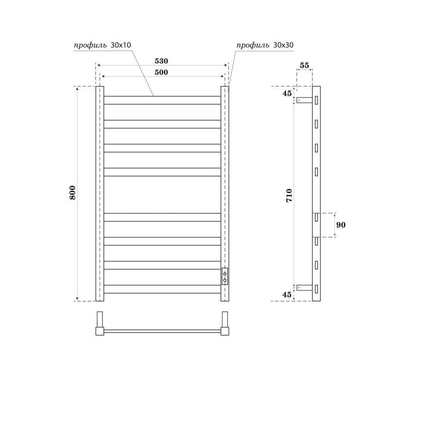 Полотенцесушитель электрический Point Меркурий PN83858GR П8 500x800, диммер справа, графит премиум