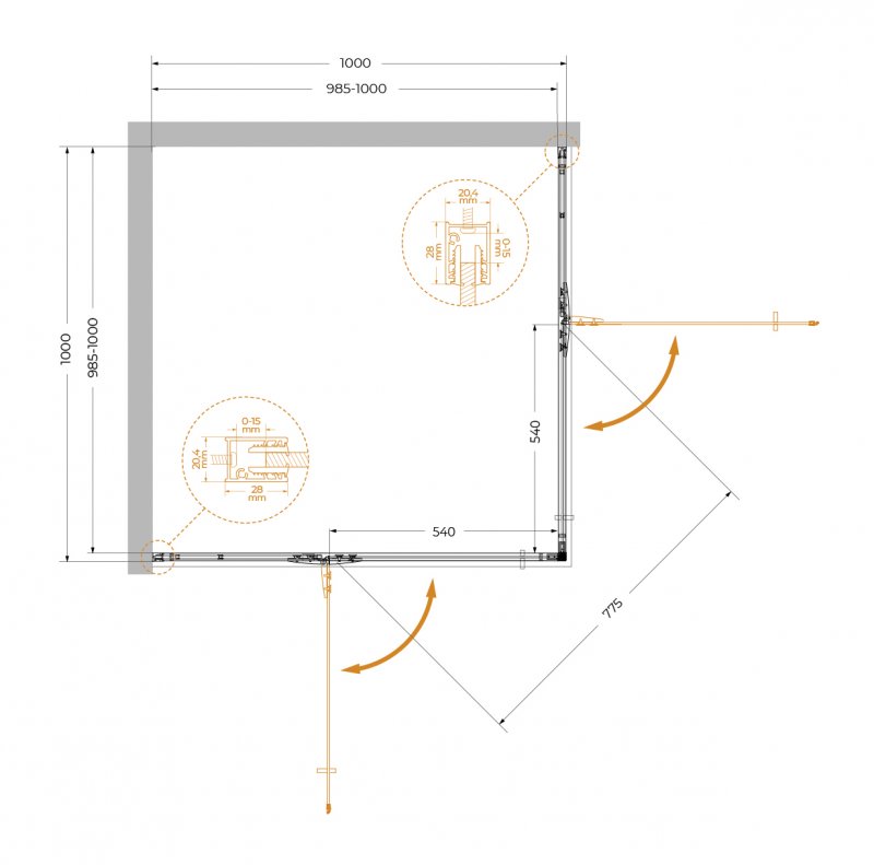 LINER-A-2-100-C-Cr Душевой уголок, Условный размер, мм:1000x1000x1950 Габариты с диапазоном регулировок, мм:(985-1000)x(985-1000)x1950 
