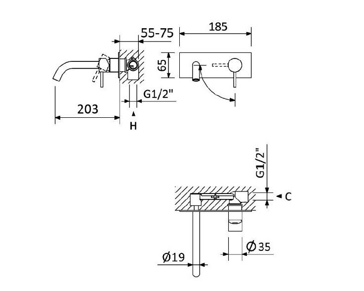 LEAF-BLI1-L-01-W0 Смеситель для раковины встраиваемый, однорычажный, излив и ручка на единой площадке, длина излива 23 см, исполнение Хром