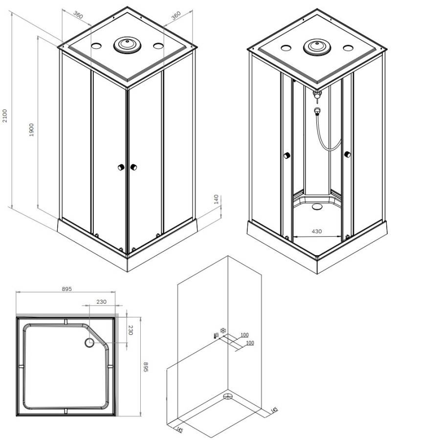 W94C-403-090BT X-Joy Square кабина душевая  90x90,  профиль мат.черный, стекло прозрачное