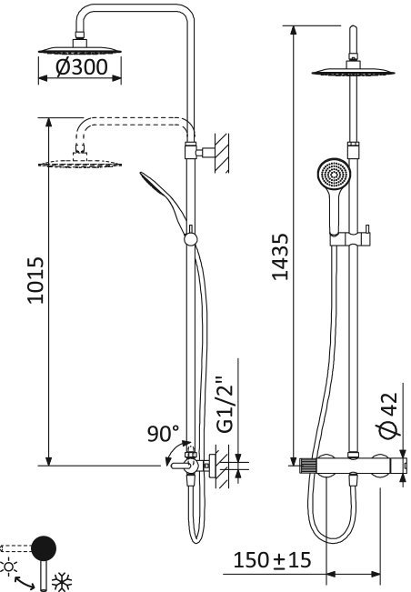 LEAF-CDA-30-L-01 Душевая стойка телескопическая, с верхним и ручным душем, верхний душ диаметр 300 мм металл, исполнение Хром