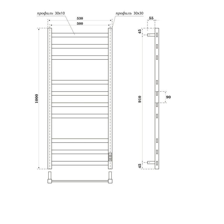 Полотенцесушитель электрический Point Меркурий PN83850GR П10 500x1000, диммер справа, графит премиум