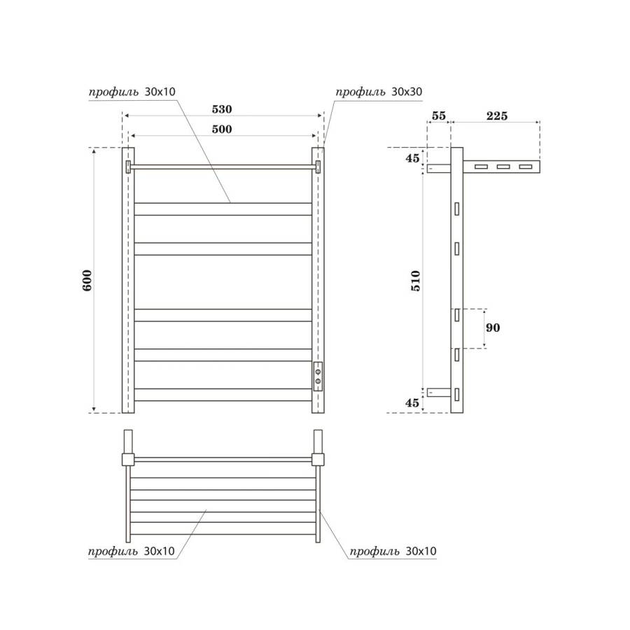 Полотенцесушитель электрический Point Меркурий PN83856PGR П5 500x600 с полкой, диммер справа, графит премиум