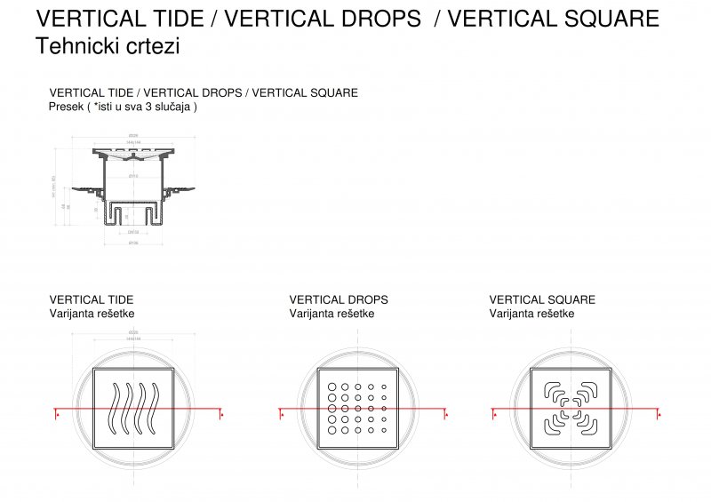 13000018 Точечный трап 150х150 мм Confluo Standard Vertical Tide,металл с перфорацией Tide (Волна), без рамки Исполнение: Хром 
