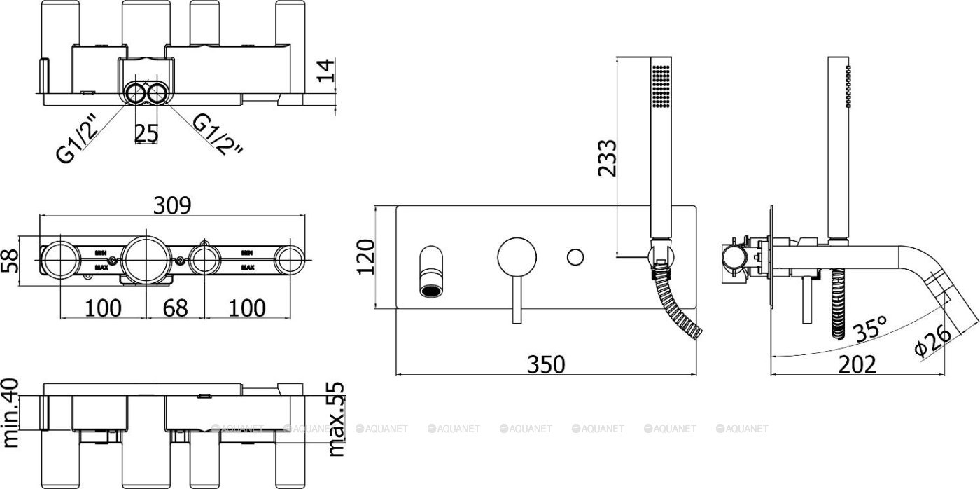 Смеситель для ванны с душем Paffoni Light LIG001NO (с внутренней частью)