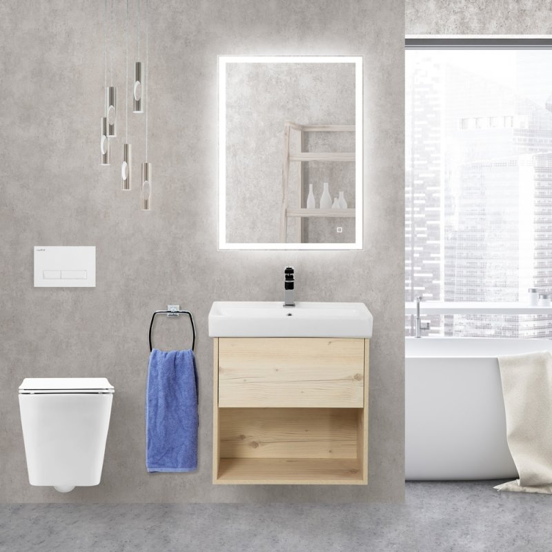 Тумба с раковиной подвесная с одним ящиком BelBagno NEON 60 Rovere Scuro, раковина белая