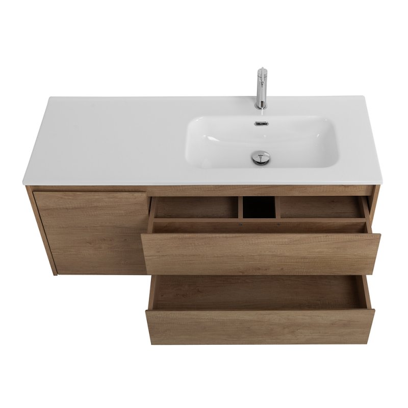 Тумба с раковиной подвесная с двумя ящиками и одной дверцей BelBagno KRAFT 120 Rovere Tabacco левая, раковина белая