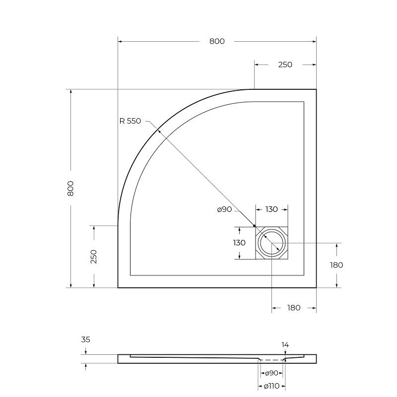 TRAY-MR-UNO-R-80-550-35-W-CR Поддон из искусственного мрамора в комплекте с сифоном с декоративной накладкой (хром)