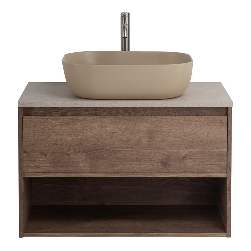 Тумба c раковиной подвесная с одним ящиком и одной открытой полкой BelBagno KRAFT 100 Rovere Nebrasca Nature, раковина белая
