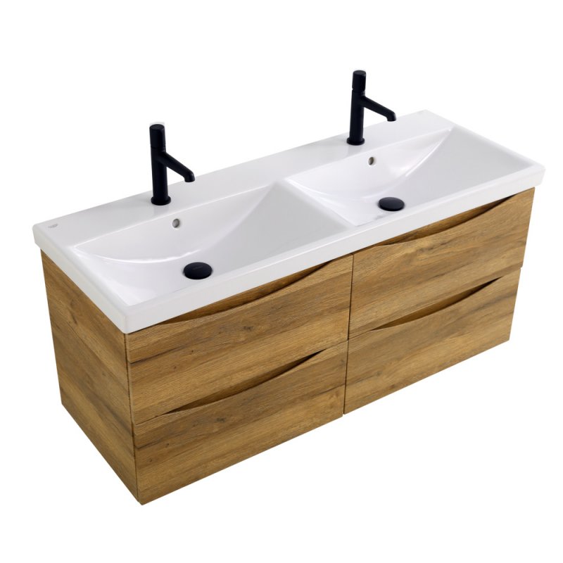 Тумба с раковиной на две чаши четырьмя ящиками подвесная BelBagno MARINO-CER 120 Rovere Rustico, раковина белая