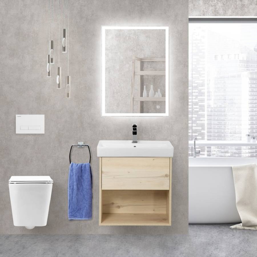 Тумба с раковиной подвесная с одним ящиком BelBagno NEON 50 Rovere Scuro, раковина белая