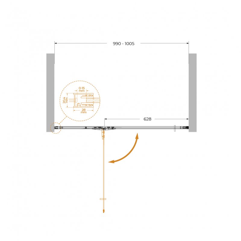LINER-B-12-90-C-NERO-R Душевой уголок, Условный размер, мм:900x1950 Габариты с диапазоном регулировок, мм:(890-905)x1950 