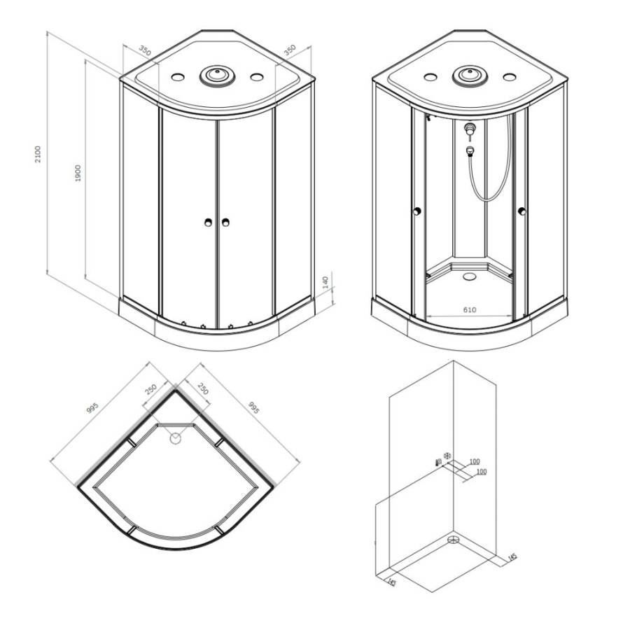 W94C-401-100MT X-Joy кабина душевая  100x100, 1/4 круга,  профиль мат.хром, стекло прозрачное