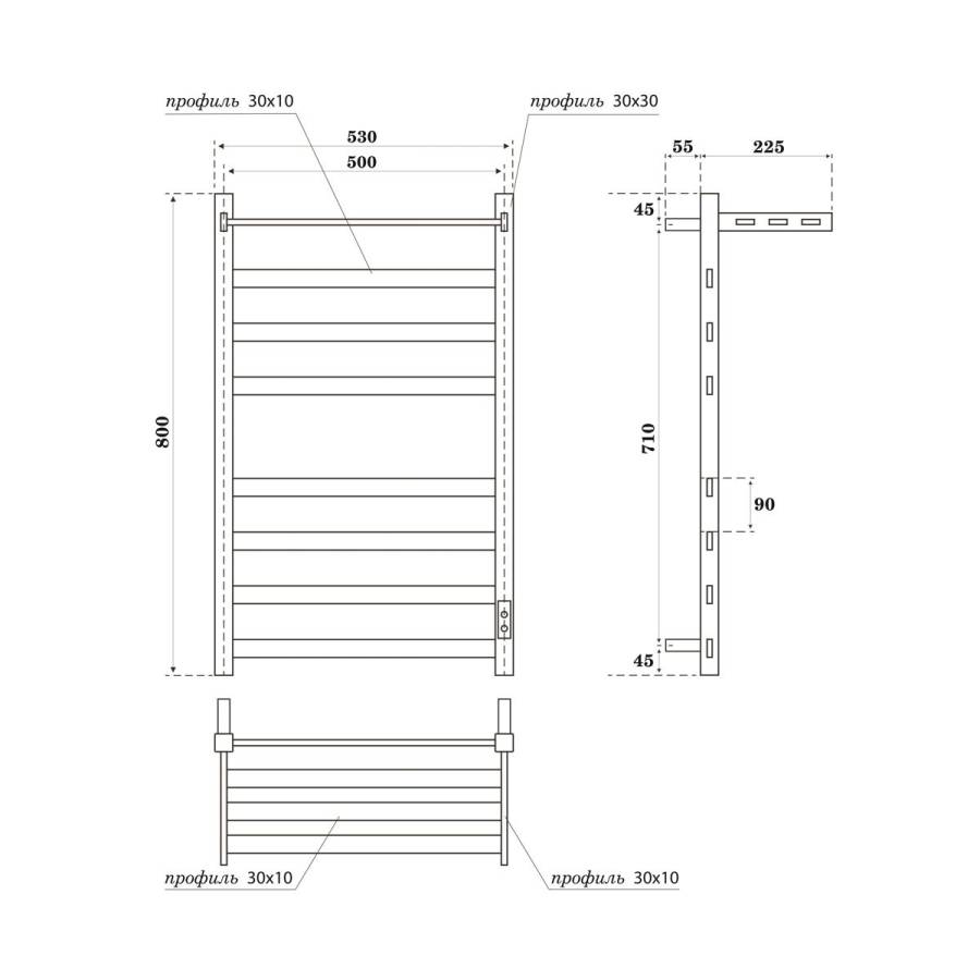 Полотенцесушитель электрический Point Меркурий PN83858PB П7 500x800 с полкой, диммер справа, черный																														