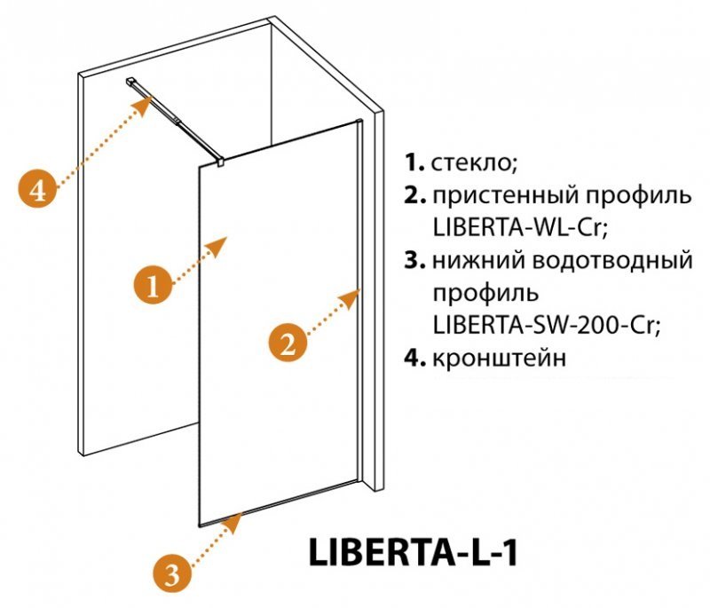 LIBERTA-L-1-85-120-C-NERO Душевая перегородка с односторонним входом, стекло прозрачное, профиль чёрный, 850x1200x1950 мм