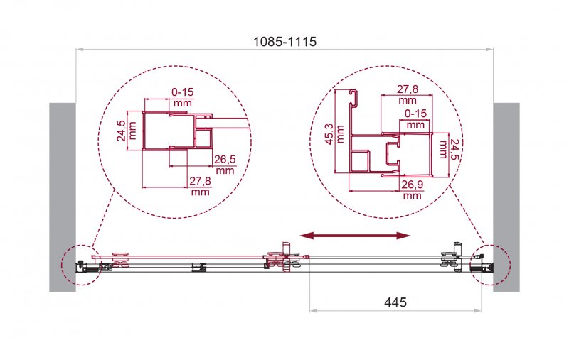 LUCE-BF-1-100-C-Cr Душевая дверь, Условный размер, мм:1000x1950 Габариты с диапазоном регулировок, мм:985-1015 