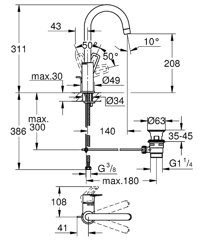 Смеситель Grohe BauLoop для раковины 23763001 хром